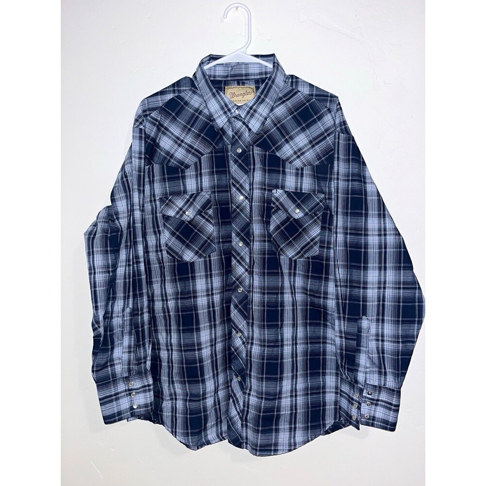 Wrangler Men's Blue Plaid Long Sleeve Western Pearl Snap Shirt 2XL